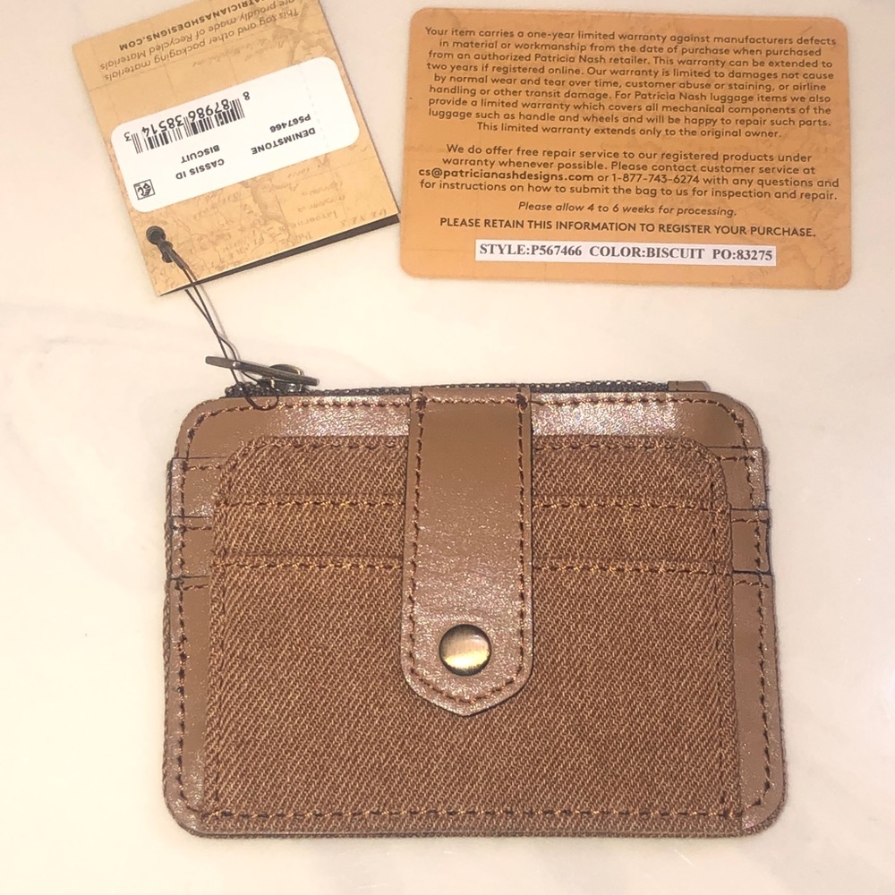 Patricia Nash Cassis Denimstone Cotton & Leather Card Case Wallet In Biscuit NWT
